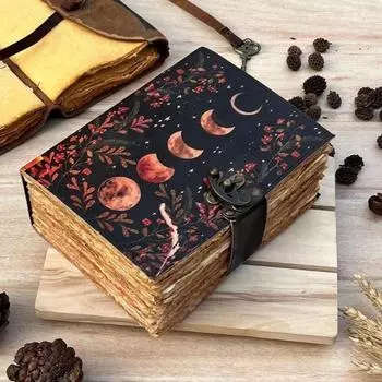 Кожаный журнал ручной работы «Фазы Луны» - Винтажный гримуар с бумагой ручной работы | Колдовство, Книга заклинаний, Лунный дневник, Подарок для женщин и мужчин 7 x 5 in