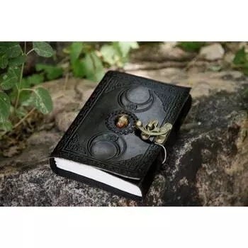 Кожаный журнал ручной работы, камень третий глаз, с замком, бумага ручной работы, черная книга заклинаний, дорожный скетчбук для мужчин и женщин 7 x 5 in