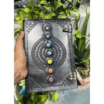 Кожаный журнал ручной работы с камнем семи чакр, уникальный блокнот-гримуар, идеально подходящий для юбилеев или рождественских подарков 10 x 7 in чёрный