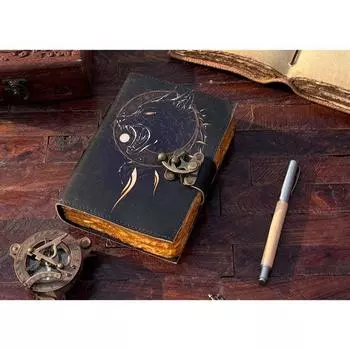 Кожаный журнал ручной работы с принтом волка, замок типа C, закрыватель • Пустые винтажные края 7 x 5 in чёрный