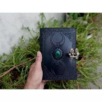 Кожаный журнал ручной работы с тройной луной и солнечной энергией, с тиснением на одном камне, ведьмовское ремесло 7 x 5 in чёрный