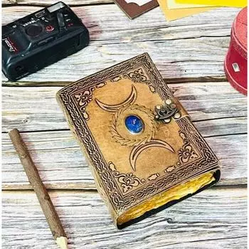 Кожаный журнал с кристаллом тройной луны. Пустая книга заклинаний ведьмы. Гримуар. 7 x 5 in