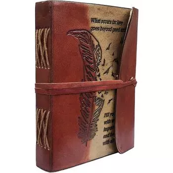 Кожаный журнал с перьями, дневник для путешествий, дневник или винтажная книга для эскизов, хлопковая бумага для мужчин и женщин (7x5 дюймов), коричневый 7 x 5 in коричневый