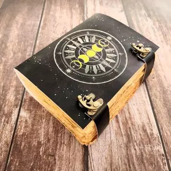 Кожаный журнал с принтом «Часы лунного затмения», Свадебный подарок, Кожаный скетчбук с состаренными страницами, Дневник сновидений, Кожаный дневник, Персонализированный подарок. 7 x 5 in