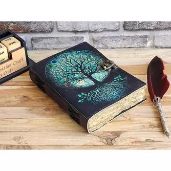 Кожаный журнал с принтом Древо Жизни - Блокнот! Блокнот А5 ! Книга Теней ! Кожаный Гримуар! Книга рецептов! Подарок на день рождения для него 7 x 5 in