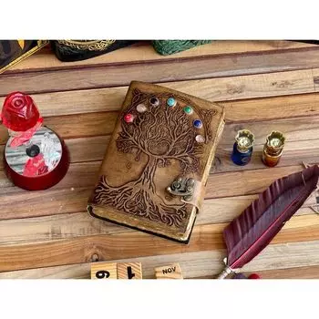Кожаный журнал с семью камнями Древо жизни блокнот пустой альбом для рисования дорожный блокнот неровный край pepar с 7 камнями для мужчин и женщин лучший подарок 10 x 7 in