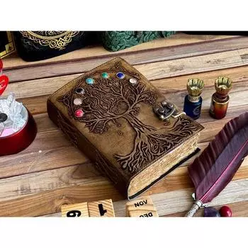 Кожаный журнал с семью камнями Древо жизни блокнот пустой альбом для рисования дорожный блокнот неровный край pepar с 7 камнями для мужчин и женщин лучший подарок 10 x 7 in