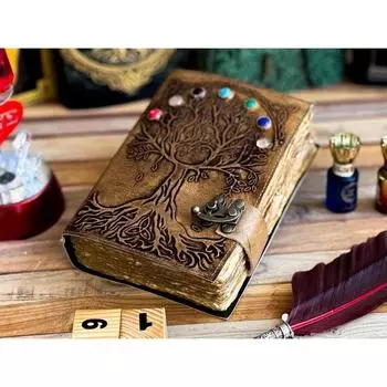 Кожаный журнал с семью камнями Древо жизни блокнот пустой альбом для рисования дорожный блокнот неровный край pepar с 7 камнями для мужчин и женщин лучший подарок 10 x 7 in