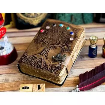 Кожаный журнал с семью камнями Древо жизни блокнот пустой альбом для рисования дорожный блокнот неровный край pepar с 7 камнями для мужчин и женщин лучший подарок 7 x 5 in