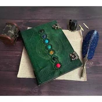 Кожаный журнал с семью камнями, ручная работа с тиснением, винтажный кожаный переплет, зеленый блокнот, альбом для рисования, дневник, лучший подарок для него 10 x 13 in зелёный