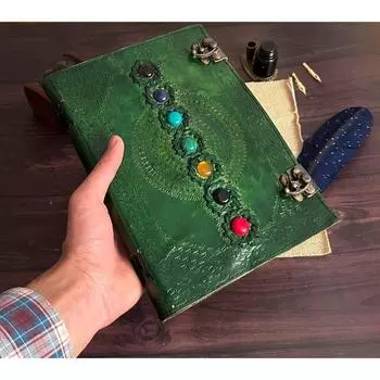 Кожаный журнал с семью камнями, ручная работа с тиснением, винтажный кожаный переплет, зеленый блокнот, альбом для рисования, дневник, лучший подарок для него 10 x 13 in зелёный