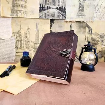 Кожаный журнал с тиснением розы, дневник молочных продуктов, блокнот для рисования с 200 страницами, C-замком, 7*5 дюймов, коричневый (Обычный журнал) 7 x 5 in коричневый