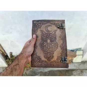 Кожаный журнал с тиснением совы, блокнот ручной работы, книга теней, подарок ведьмы 10 x 7 in коричневый