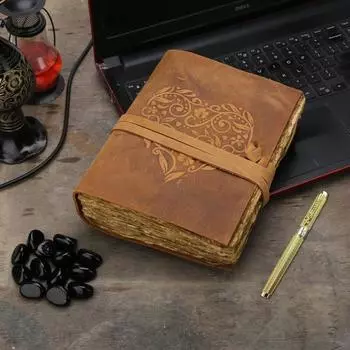 Кожаный журнал с тиснением в виде сердца, винтажный старинный бумажный альбом с краями Deckle, подарок 7 x 5 in коричневый