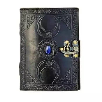 Кожаный журнал с тройным лунным кристаллом, пустая книга заклинаний ведьм, книга теней, гримуар, бумага с краями, духовная чакра, подарки 5x7 7 x 5 in чёрный