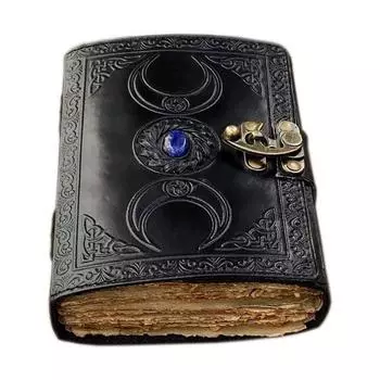 Кожаный журнал с тройным лунным кристаллом, пустая книга заклинаний ведьм, книга теней, гримуар, бумага с краями, духовная чакра, подарки 5x7 7 x 5 in чёрный