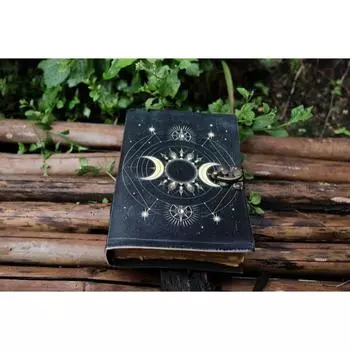 Кожаный журнал Солнце Луна для мужчин и женщин, антикварный, ручной работы, с винтажной бумагой с неровным краем, дорожный скетчбук, книга для стихов. ( 100 страниц ) 7 x 5 in чёрный