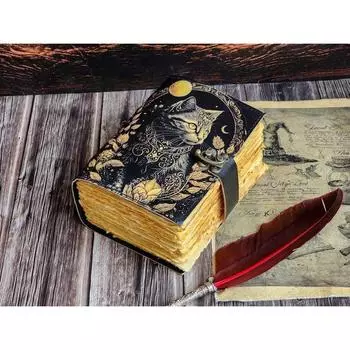 Кожаный журнал Волшебник заклинаний Кошачья книга Пустая тетрадь магии Книга теней Викканская языческая гримуарная книга для путешествий Альбом для рисования 7 x 5 in чёрный