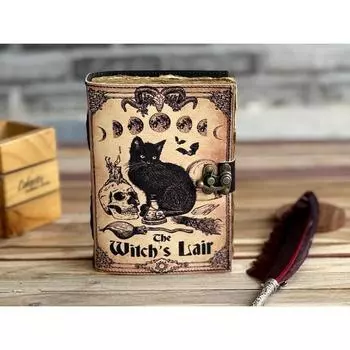 Кожаный журнал Волшебник заклинаний Кошачья книга Пустая тетрадь магии Книга теней Викканская языческая гримуарная книга для путешествий Зарисовка 7 x 5 in