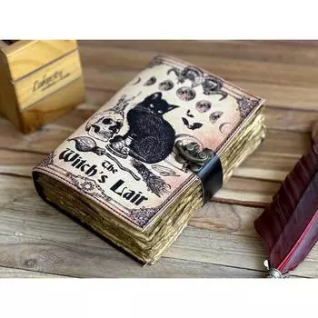 Кожаный журнал Волшебник заклинаний Кошачья книга Пустая тетрадь магии Книга теней Викканская языческая гримуарная книга для путешествий Зарисовка 7 x 5 in