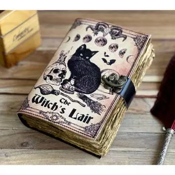Кожаный журнал Волшебник заклинаний Кошачья книга Пустая тетрадь магии Книга теней Викканский языческий гримуар книга для путешествий Зарисовка лучший подарок 7 x 5 in