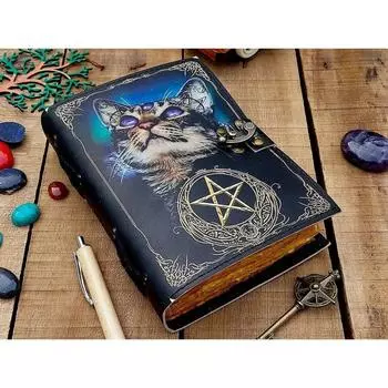 Кожаный журнал Волшебник заклинаний Кошачья книга Пустая волшебная тетрадь Книга теней Викка 7 x 5 in чёрный