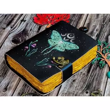 Кожаный журнал Волшебник заклинаний Кошачья книга Пустой блокнот Книга теней Виккан 7 x 5 in чёрный