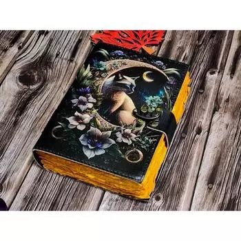 Кожаный журнал Волшебник заклинаний Кошачья книга Пустая волшебная тетрадь Книга теней Викка 7 x 5 in чёрный