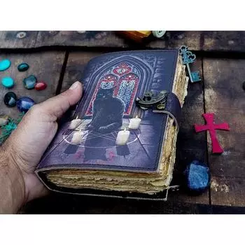 Кожаный журнал Волшебник заклинаний Кошачья книга Пустая волшебная тетрадь Книга теней Викка 7 x 5 in чёрный