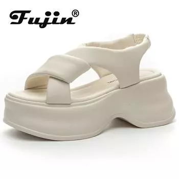 Koznoy 8 см новые женские туфли из искусственной кожи с открытым носком из натуральной коровьей кожи, модные тапочки на платформе и танкетке, римские мокасины, летняя обувь