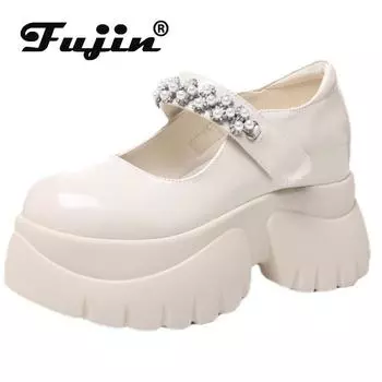 Koznoy/женские туфли Мэри Джейн на высоком каблуке из микрофибры в этническом стиле 9 см, на платформе, на танкетке, на плоской подошве, блестящие осенние крючки, лето, круглая весна