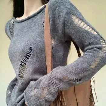 Kpop Grunge ажурный серый свитер женский Harajuku однотонный разделенный рваный вязаный джемпер весенние топы с длинными рукавами пуловер S белый