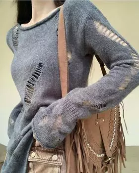 Kpop Grunge ажурный серый свитер женский Harajuku однотонный разделенный рваный вязаный джемпер весенние топы с длинными рукавами пуловер S белый