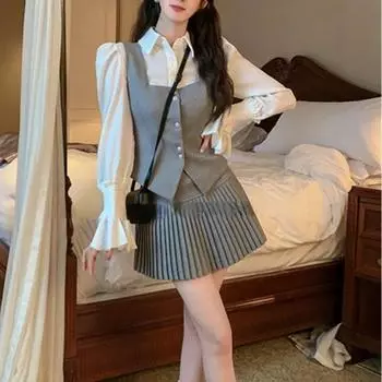 Kpop наряды комплект из 3 предметов юбки белые блузки + юбки с завышенной талией на запах + шикарный жилет японские модные костюмы шикарные S