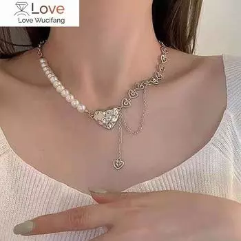 Kpop ожерелье с кулоном в виде разделенного сердца из опалового металла серебряного цвета с жемчугом, многослойное, для женщин, модное, элегантное, подарок на 2010 год