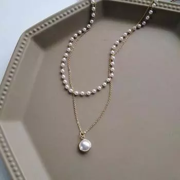 Kpop Pearl Choker Ожерелье Симпатичное Двухслойное Цепное Подвесное Подарок Девушке белый