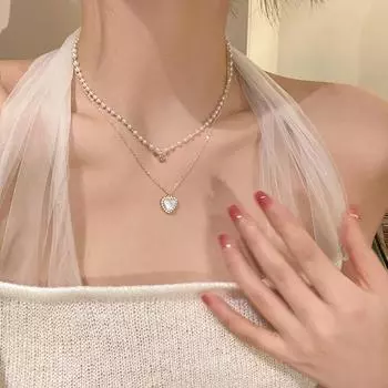 Kpop Pearl Heart Choker Ожерелье Симпатичная двухслойная цепочка с подвеской