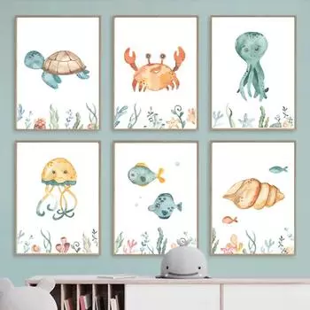 Краб Медуза Осьминог Ракушка Рыба Черепаха Животные Настенное Искусство Детские Плакаты И Принты Для Детской Комнаты Детский Декор Картина На Холсте 21x30cm No Framed