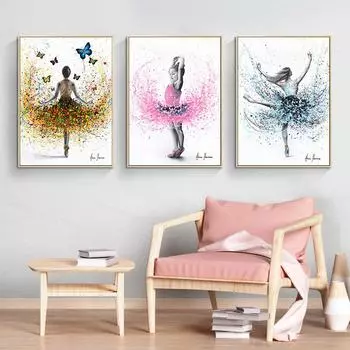 Красивая балерина Холст Плакат Печать Абстракция Бабочка Цветок Акварель Холст Картина Настенные Картины Домашний Декор 21x30cm No Framed
