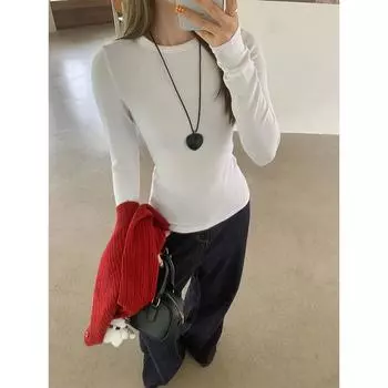 Красивая белая рубашка с круглым вырезом и длинными рукавами для женщин на осень и зиму, многослойный эластичный облегающий повседневный универсальный топ S