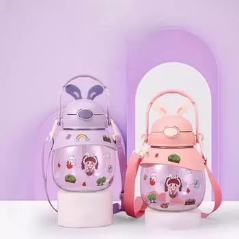 Красивая большая вместительная мультяшная чашка для живота, уличная портативная пластиковая чашка, спортивная чашка для воды с соломинкой и ручкой 1300ml