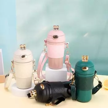 Красивая чашка-термос для девочек, милый кролик, соломенная чашка, портативный кожаный чехол с ремешком на ремешке, уличная офисная чашка для воды 400ml