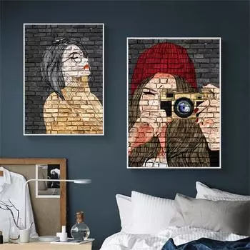 Красивая девушка и настенный граффити-плакат с принтом на холсте, настенное искусство для гостиной, поп-арт, украшение для дома 21cm30cm NoFrame