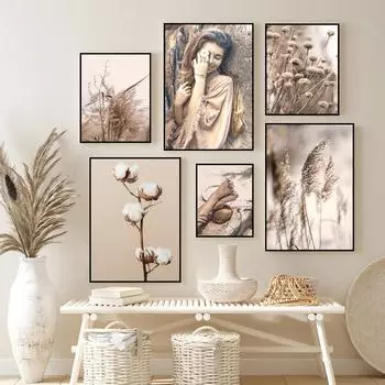 Красивая Девушка Пейзаж Художественная Живопись Скандинавская Природа Растения Плакат Украшение Комнаты Пампасы Трава Картина Настенный Декор HD0147 21x30cm no frame