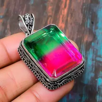 Красивая двухцветная подвеска с турмалином и драгоценным камнем ручной работы из стерлингового серебра 925 пробы 1.77 inches розовый