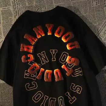 Красивая футболка с круглым буквенным принтом в американском стиле для мужчин и женщин, модный тренд, повседневная уличная одежда, топ с короткими рукавами для пар, Harajuku S чёрный