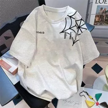 Красивая футболка с круглым вырезом и принтом паутины для мужчин и женщин. Летняя модная тенденция. Повседневный удобный топ для пар с коротким рукавом. Уличная одежда с коротким рукавом. S белый