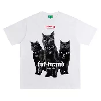 Красивая футболка с круглым вырезом и принтом черного кота для мужчин и женщин в стиле ретро, летняя модная тенденция, повседневная свободная уличная одежда, удобный топ с короткими рукавами для пар M чёрный