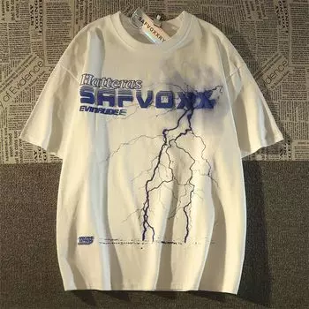 Красивая футболка с круглым вырезом и принтом молнии для мужчин из чистого хлопка в стиле ретро, летний модный тренд, повседневный удобный топ с коротким рукавом S белый