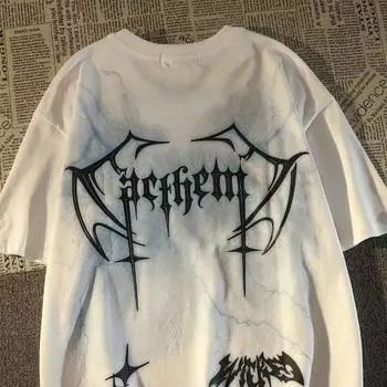 Красивая футболка с принтом «крылья букв» для мужчин и женщин, стиль ретро, летняя модная тенденция, повседневный удобный топ из чистого хлопка для пар, топ с короткими рукавами, Harajuku S белый